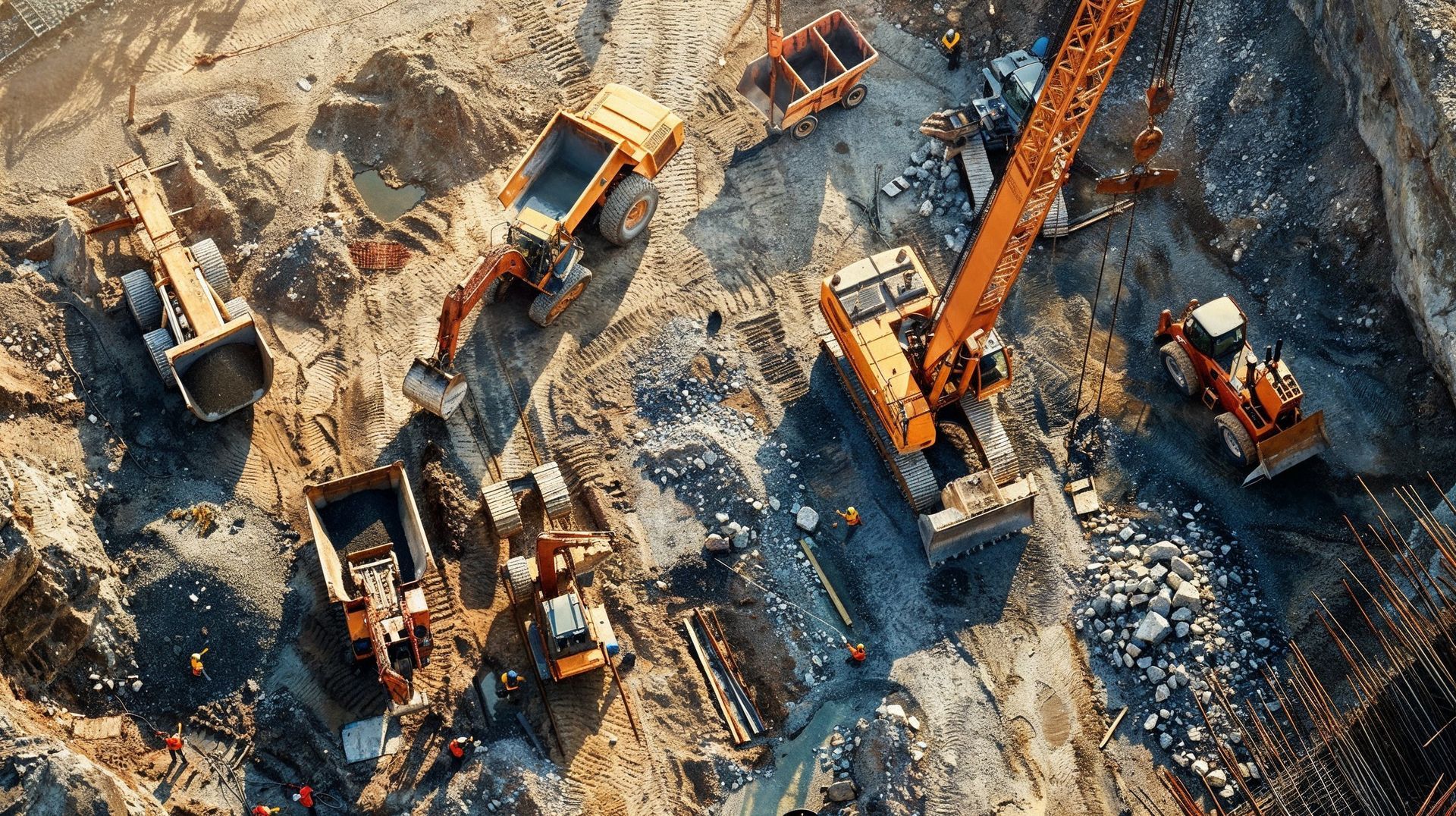 An aerial view of a construction site with a lot of machinery.