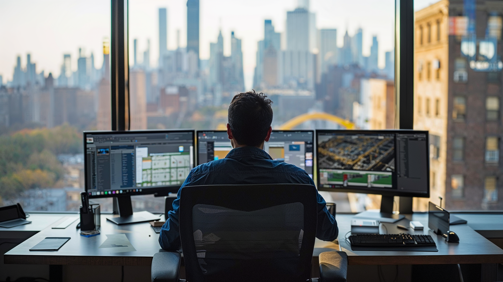 A man is sitting at a desk in front of three computer monitors.