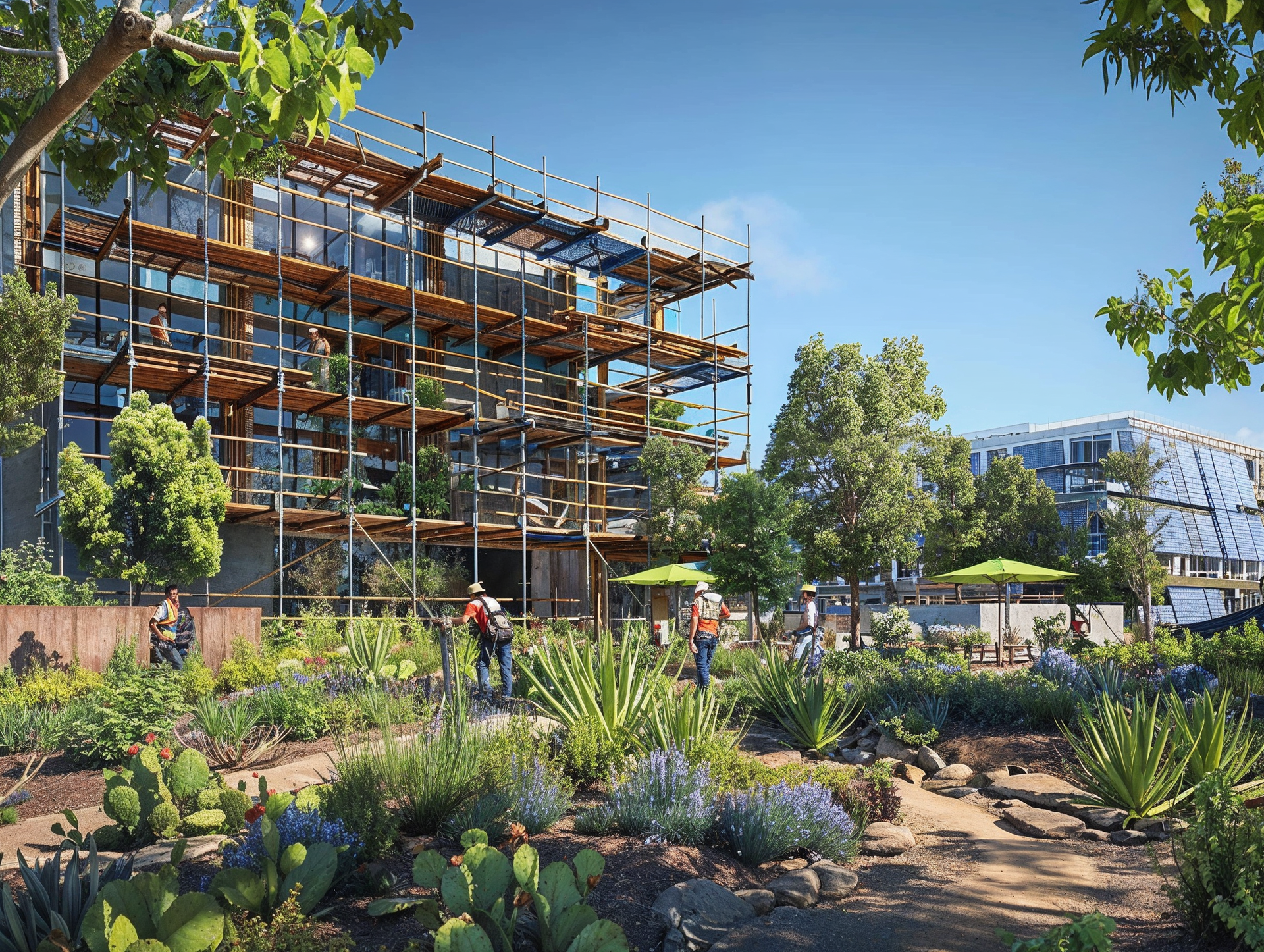 An artist 's impression of a building under construction with a garden in front of it.