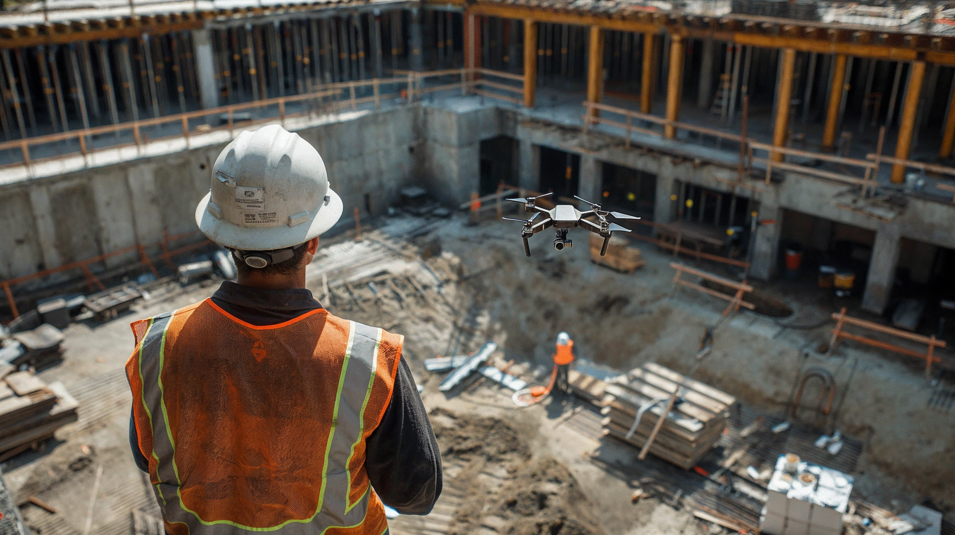 A construction worker is looking at a drone flying over a construction site.