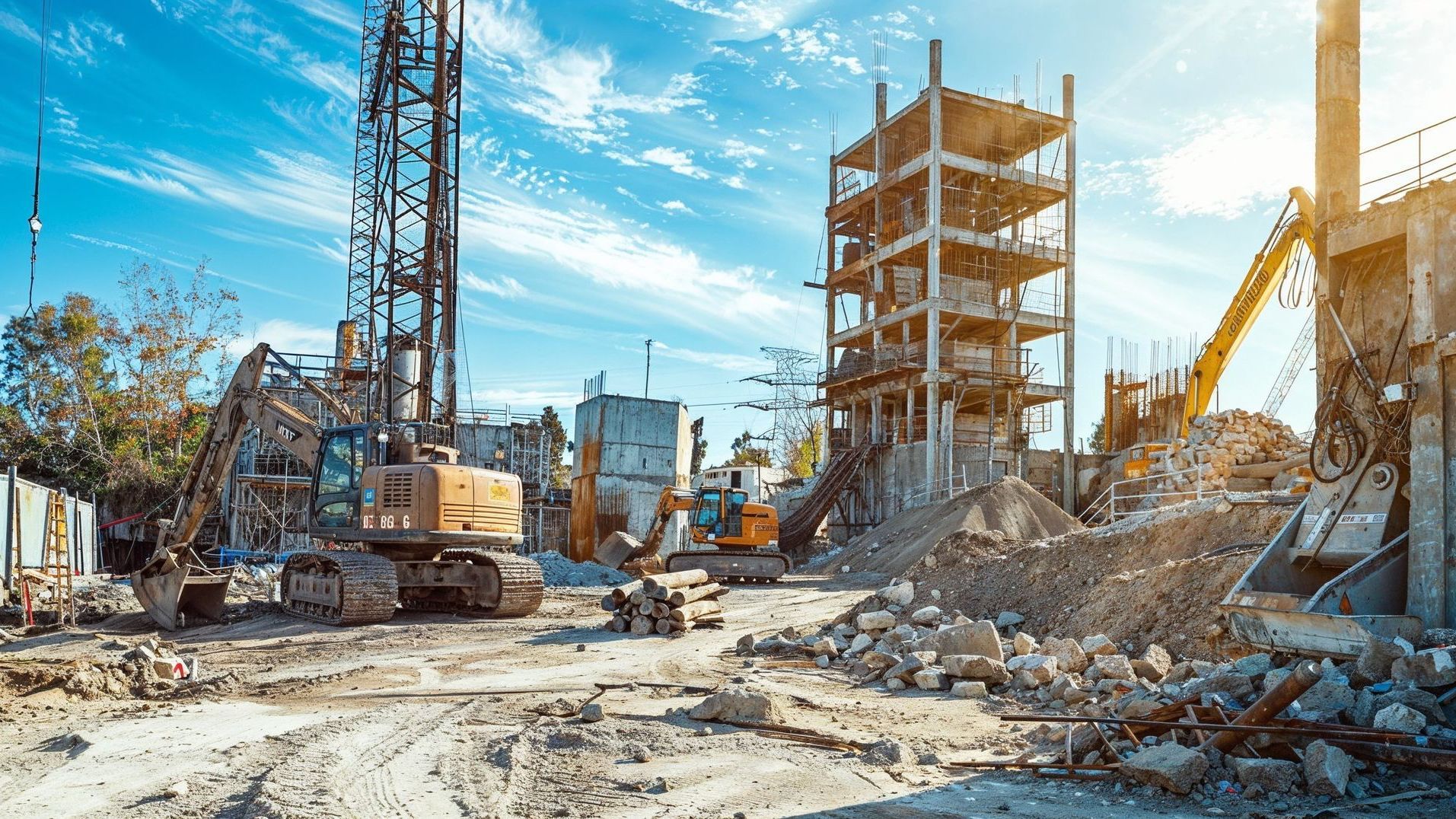 A construction site with a lot of machinery and a building under construction.