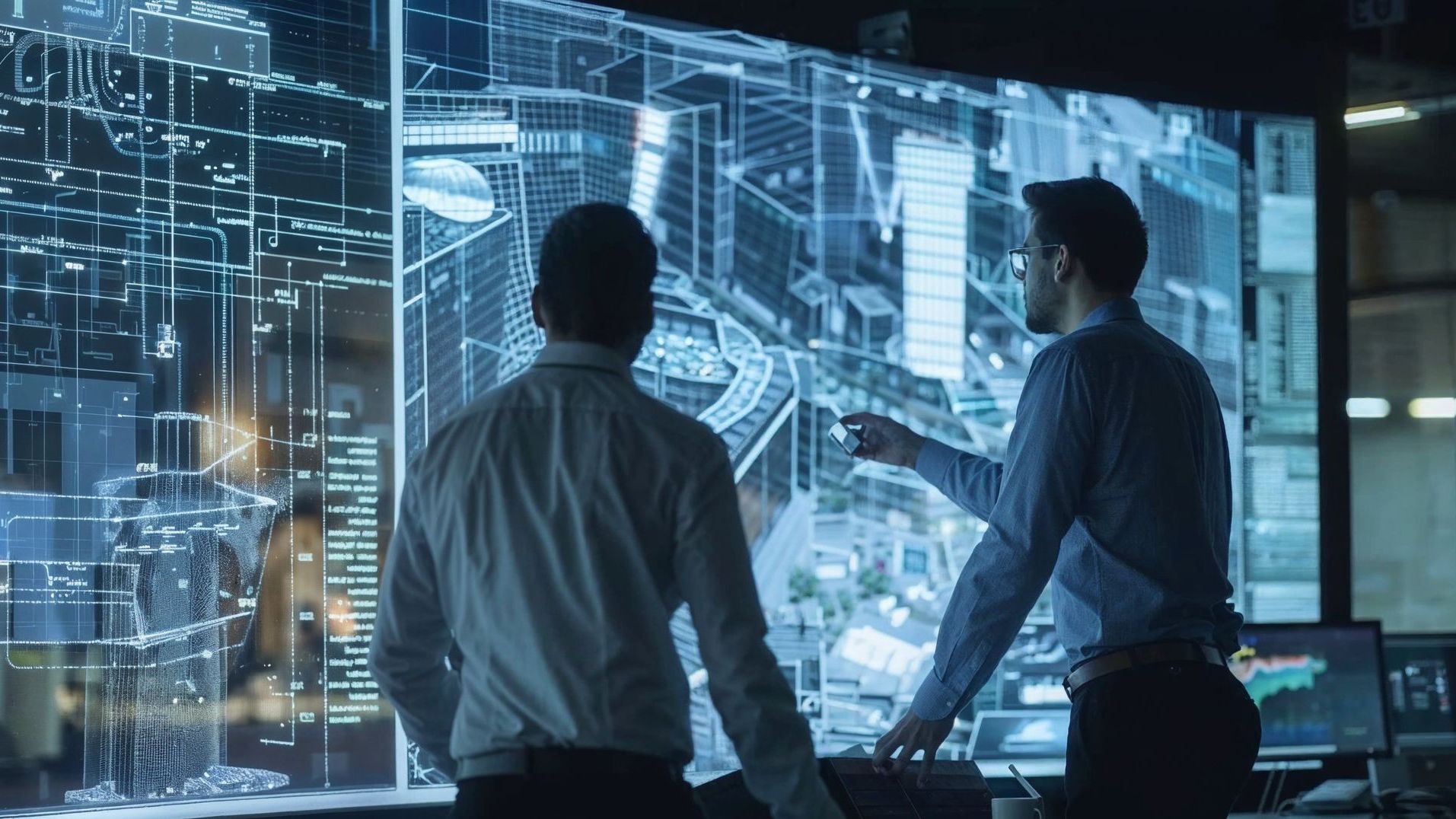 Two men are standing in front of a large screen looking at a map of a city.
