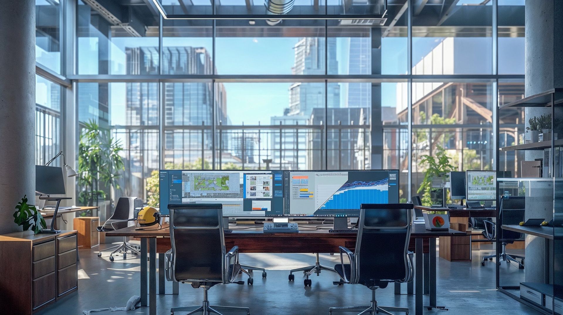 An office with a lot of windows and computers on the desks.