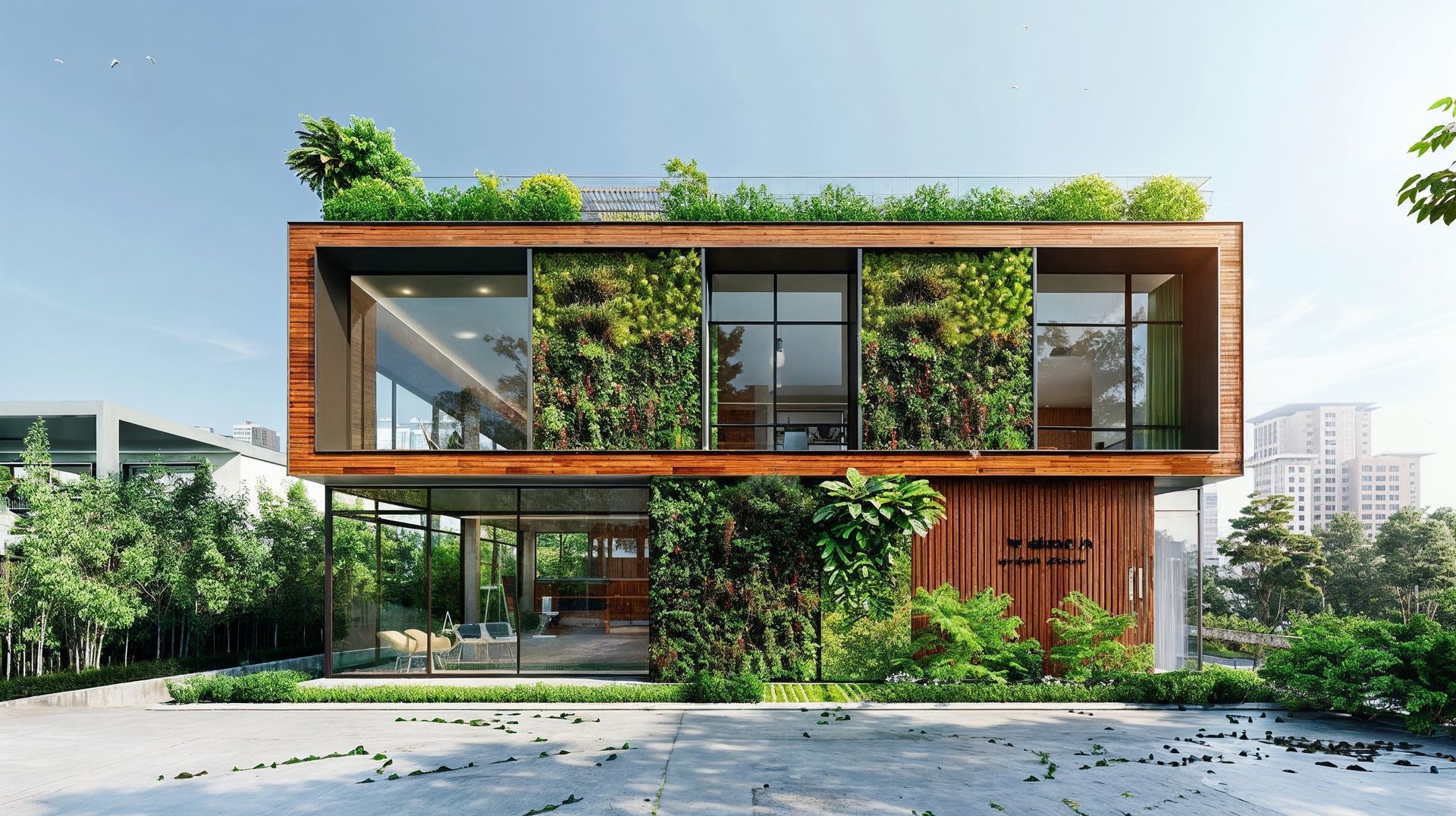 An artist 's impression of a modern house with a green roof.