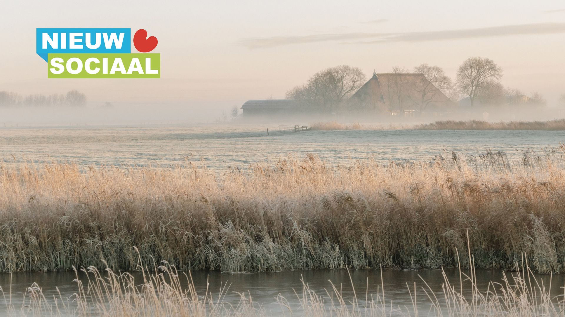 Een ijzig landschap met hoog gras, water en huizen in de verte, met de tekst