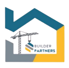 Construction crane within a house outline; teal, yellow, and gray colors;