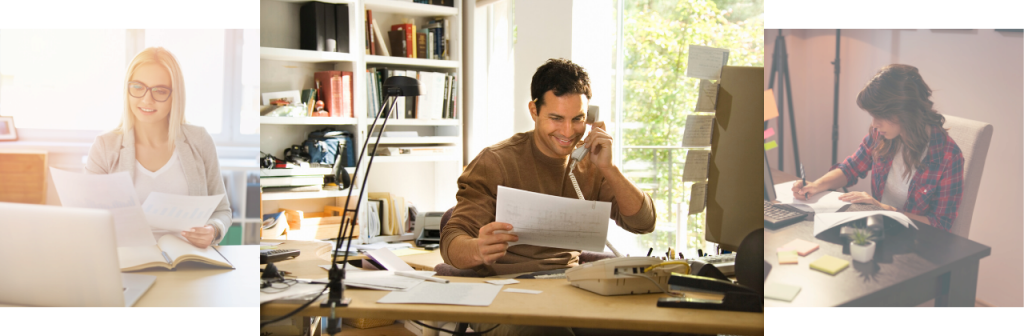 Three people working at desks with papers and computers. Man on phone, woman with glasses, and another person writing.