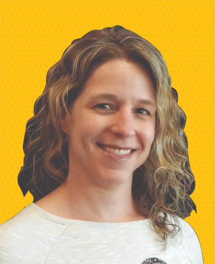 Staci O’brien is smiling in front of a yellow background | Mortgage Lender in Roseville, CA