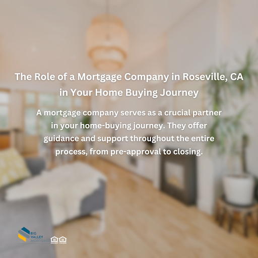 Living room with text on the role of a mortgage company in Roseville, CA, guiding homebuyers from pre-approval to closing.