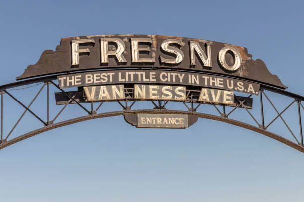 Vintage Fresno archway sign on Van Ness Ave reads