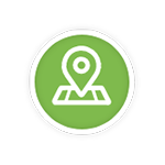 An icon of a map pin in a green circle.