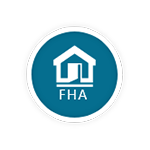 A blue circle with a house and the word FHA on it.