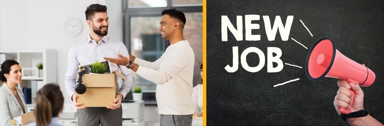 A man is holding a box of his belongings next to a sign that says “new job”.