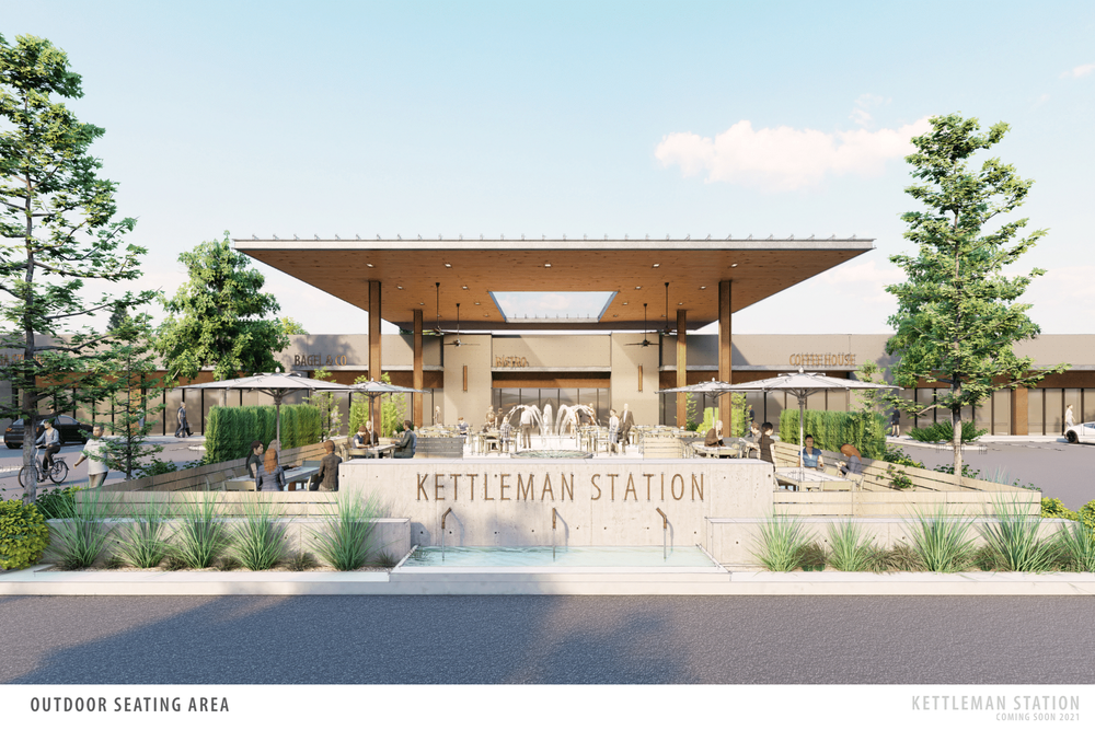 A render of Kettleman Station featuring a large modern canopy over a landscaped outdoor seating area with a central fountain.