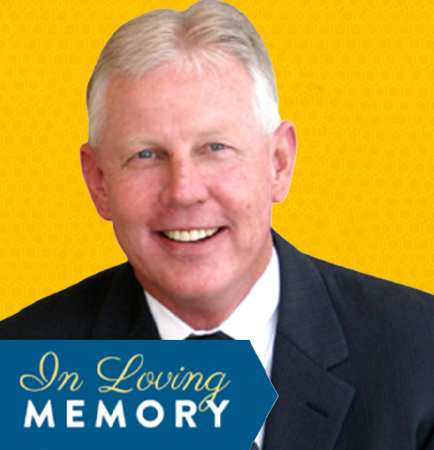 Dave Rylan smiling in suit; memorial graphic reads 