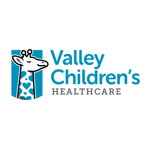 Valley Children's Healthcare logo with a giraffe, heart-patterned chest, in a teal rectangle.