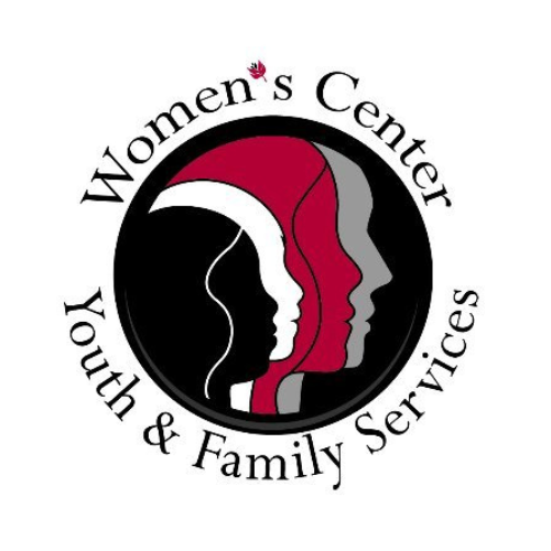 Logo for Women's Center, Youth & Family Services: three profiles, red, white, and grey inside a black circle.