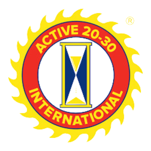 Active 20-30 International logo: Red and yellow sunburst around a red and white circle with an hourglass inside.