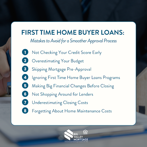 Infographic listing 8 common mistakes to avoid when applying for first-time home buyer loans, by Big Valley Mortgage.