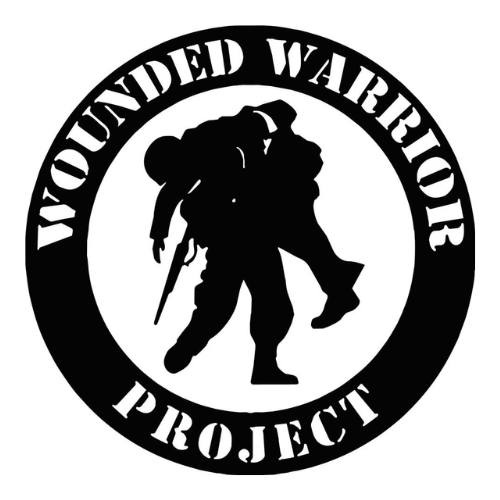 Silhouette of a soldier carrying another soldier with the words