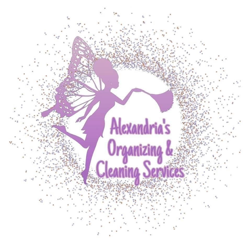 A logo for alexandria 's organizing and cleaning services with a fairy holding a vacuum cleaner.