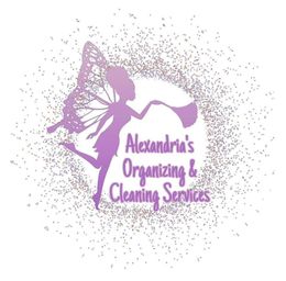 A logo for alexandria 's organizing and cleaning services with a fairy holding a vacuum cleaner.