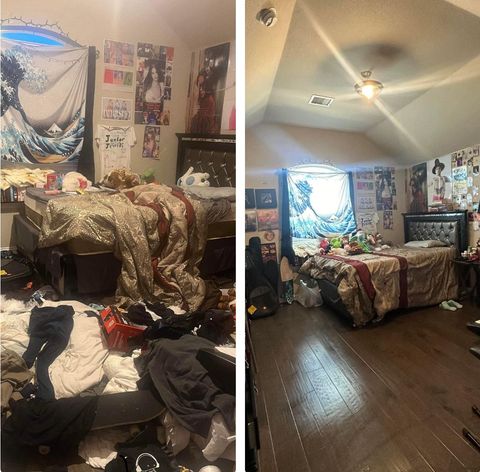 A before and after photo of a bedroom with a messy bed and a clean bed.
