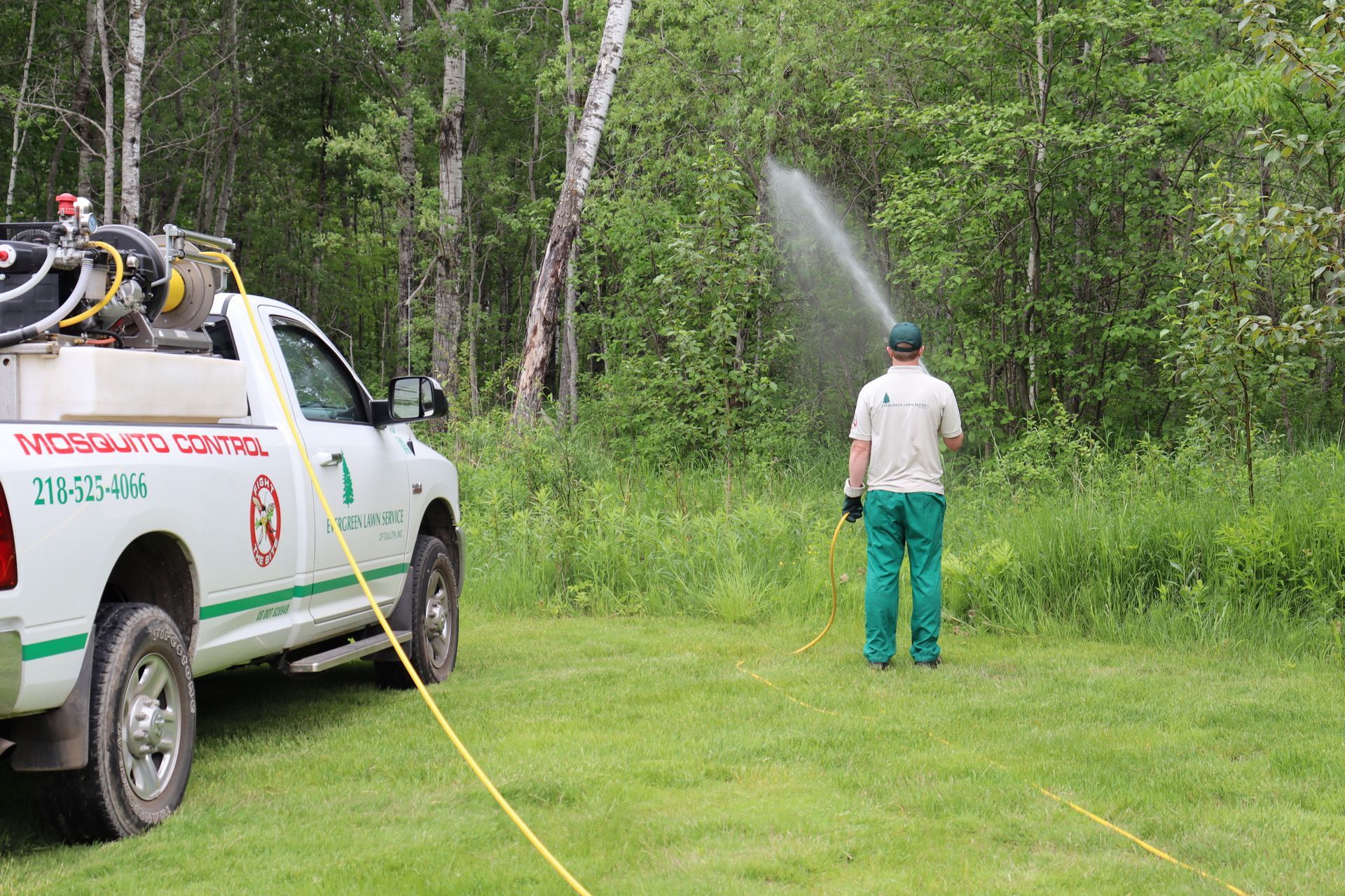 Pest exterminator providing mosquito control treatment at a residential property in Cloquet, MN. Pest exterminator providing mosquito control treatment at a residential property in Cloquet, MN.