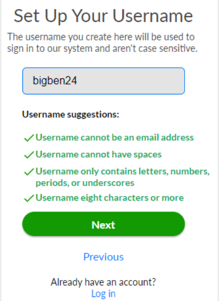 A screen that says set up your username on it