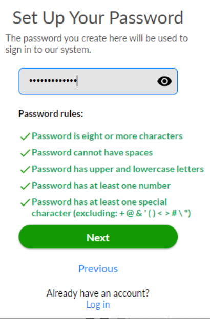 A screenshot of the set up your password page