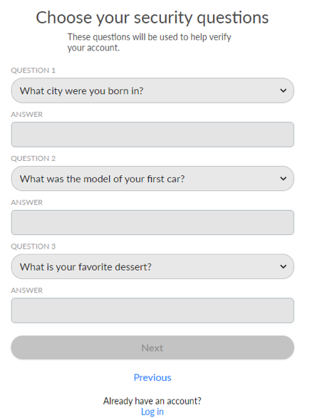 A screen shot of a choose your security questions page