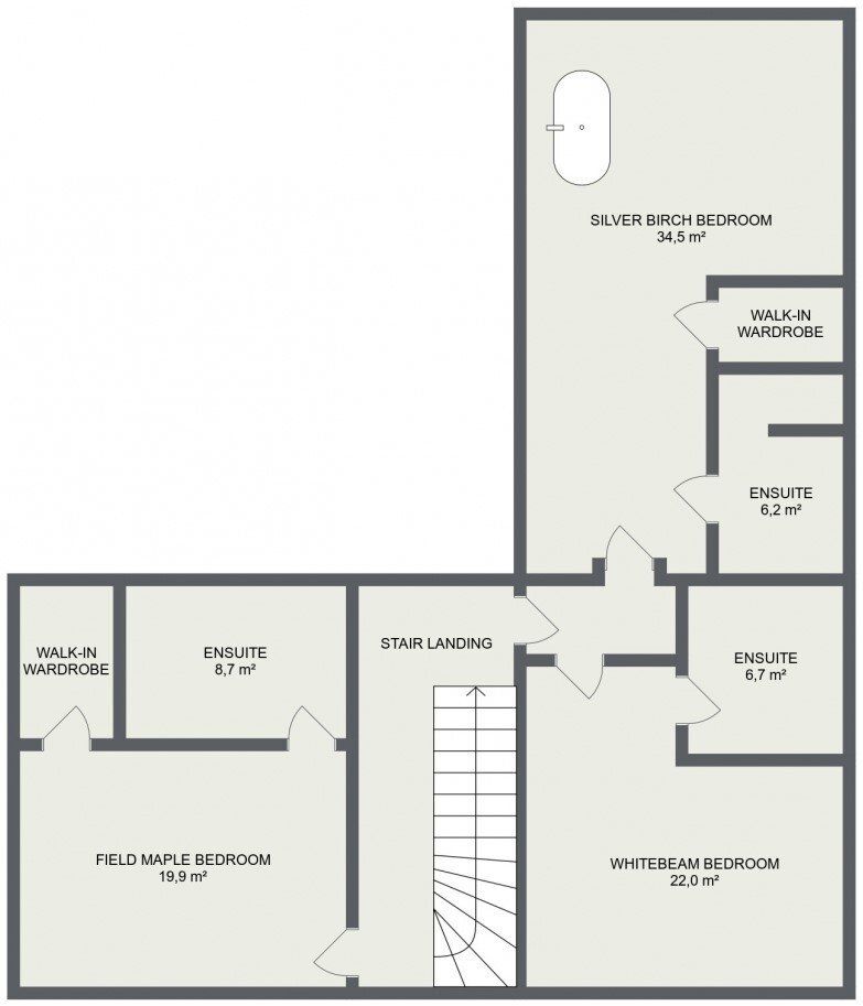 A black and white floor plan of a house with a staircase.