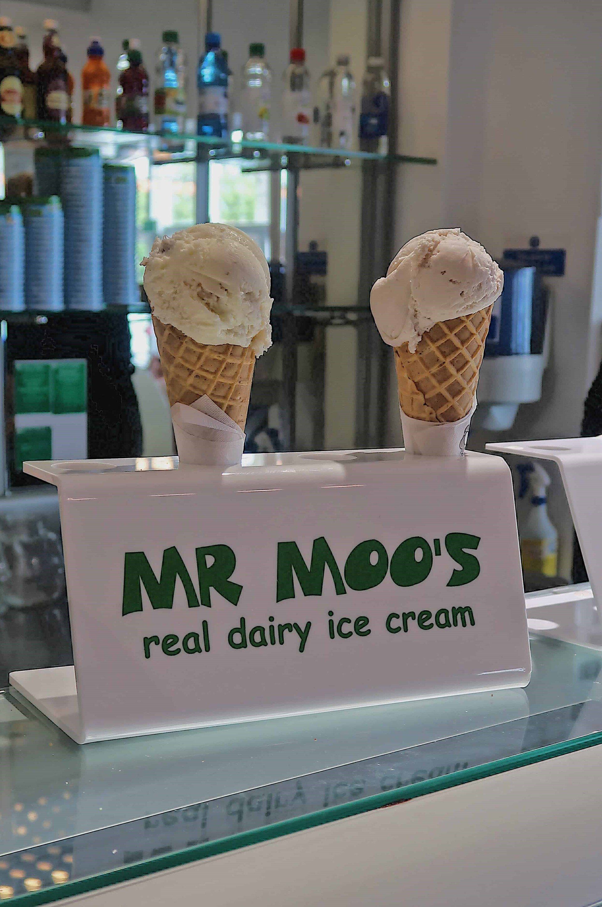 Two ice cream cones sitting on top of a sign that says mr moo 's real dairy ice cream