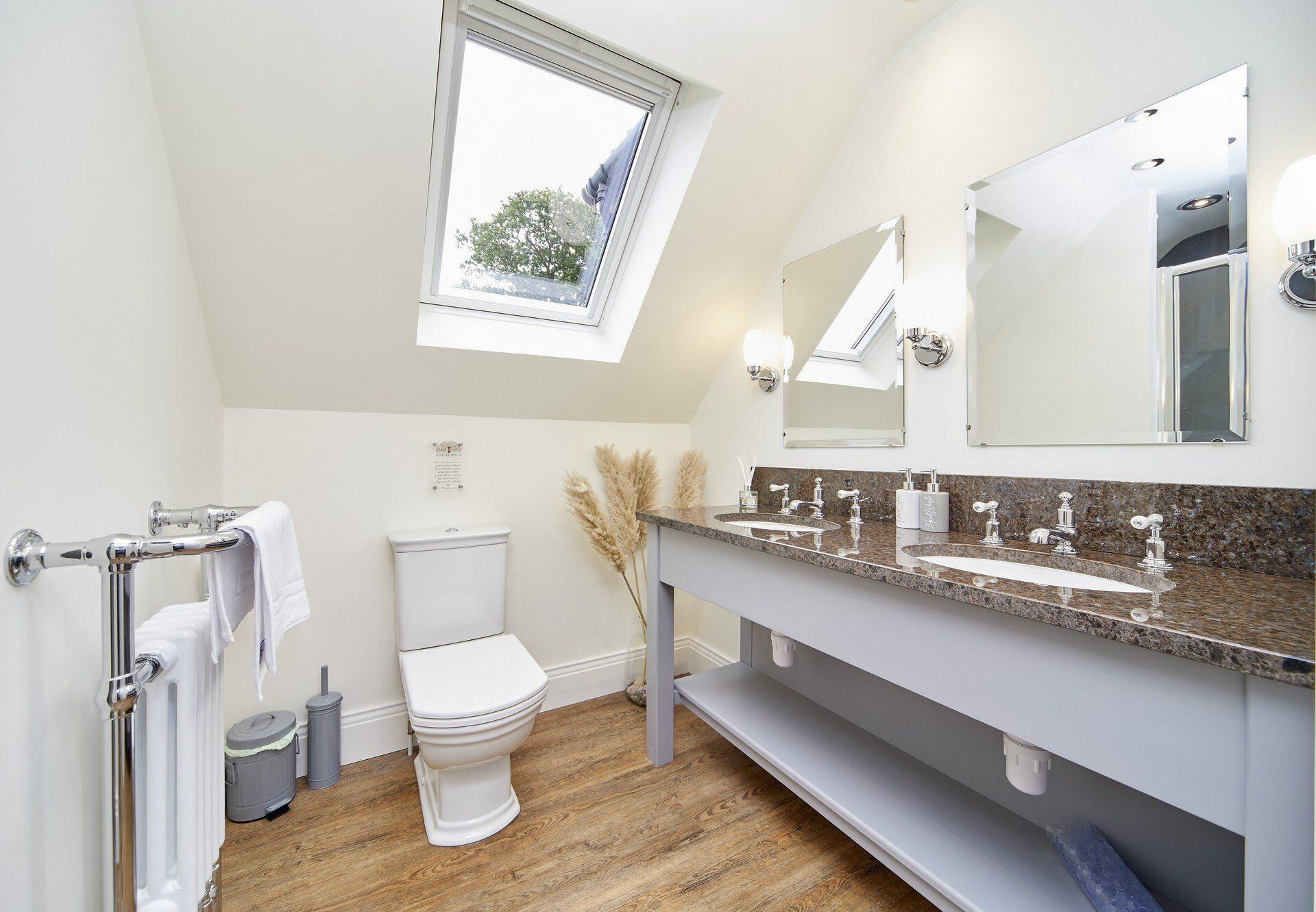 A bathroom with a toilet a sink and a skylight