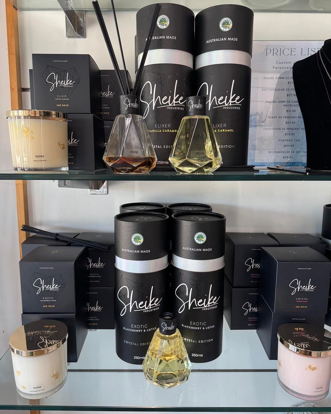 Shelves Displaying Sheike Candles, Diffusers, and Perfumes — J'adore Flowers & Gifts Cairns in Smithfield, NSW