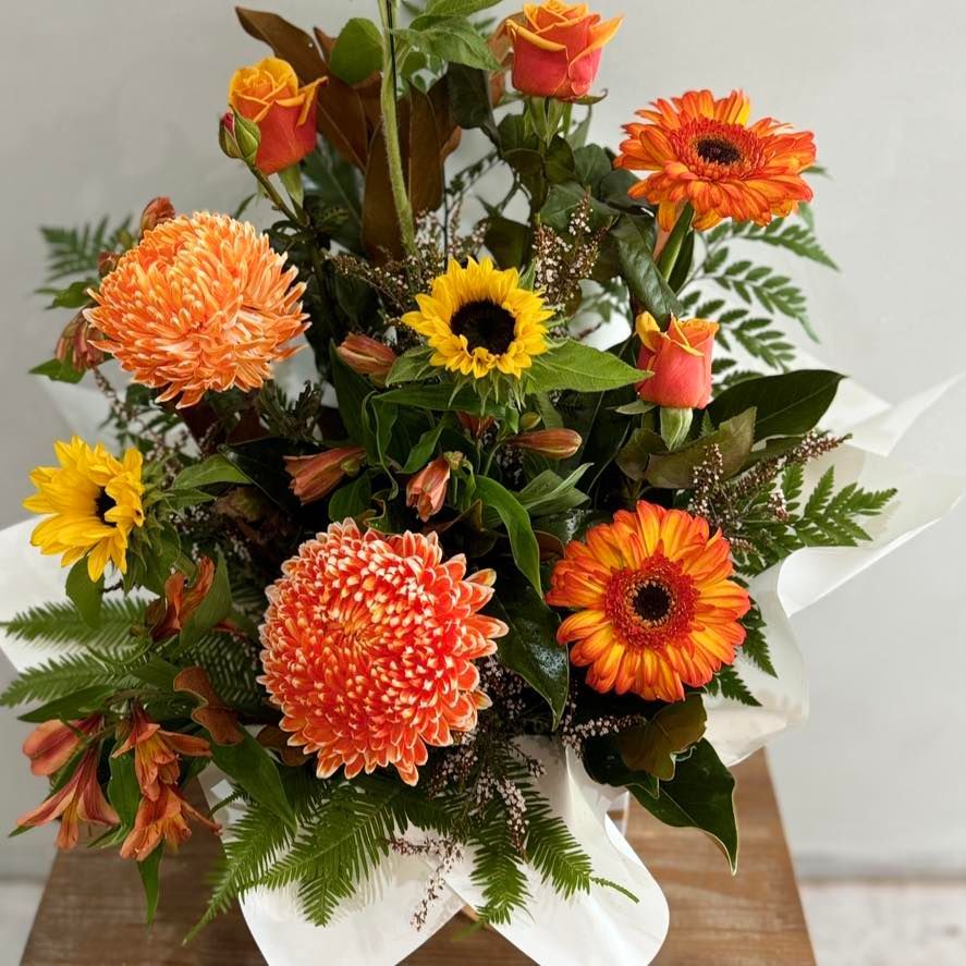 Bouquet With Orange Gerbera Daisies, Chrysanthemums, Sunflowers, and Roses — J'adore Flowers & Gifts Cairns in Edge Hill, QLD