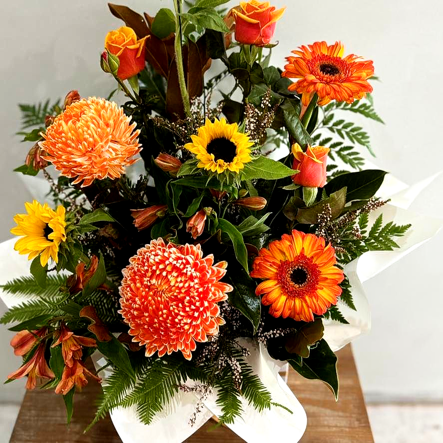 Orange and yellow flower bouquet with gerbera daisies, roses, and chrysanthemums - J'adore Flowers & Gifts Cairns in Earlville, QLD