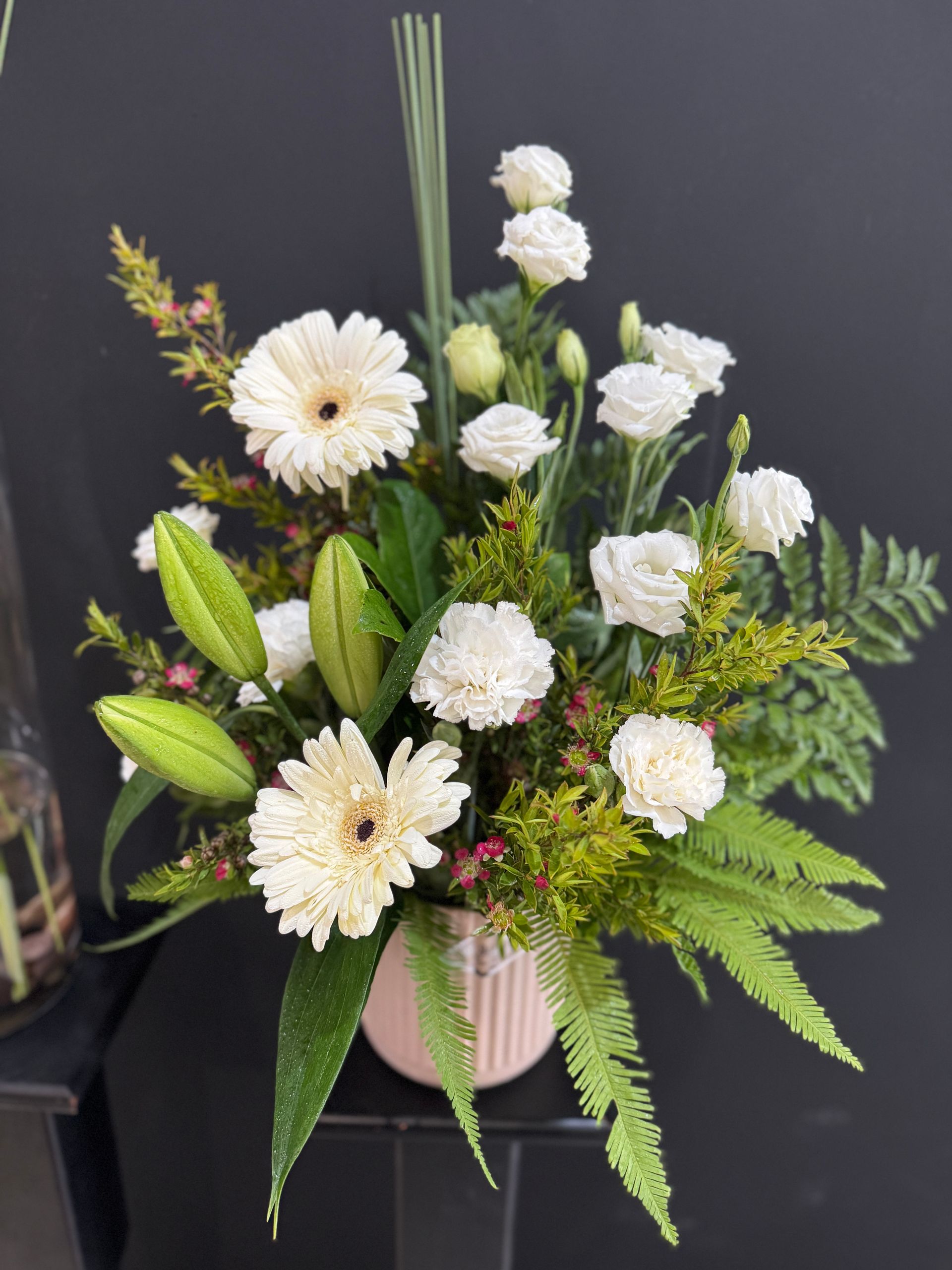 White Floral Arrangement in a Pink Vase With Greenery โ J'adore Flowers & Gifts Cairns in Earlville, QLD