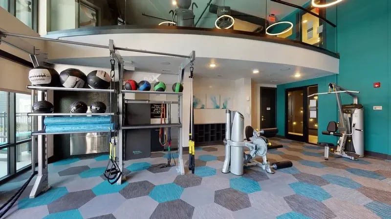 Well-equipped fitness center at Three77 Park in Fort Worth, TX.