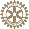 Rotary International logo in gold and gray, with circular gear design and text around the center