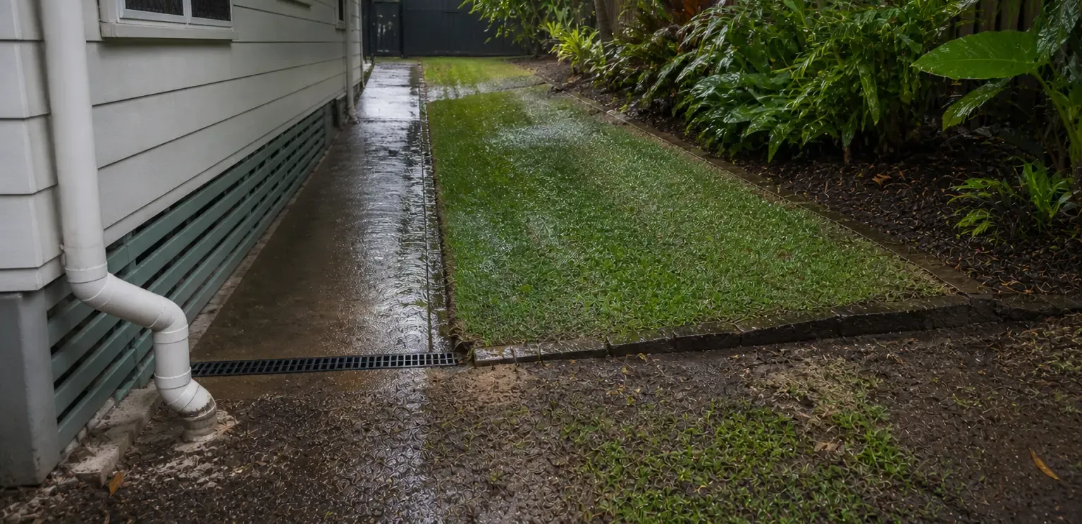 Rain-soaked sidewalk beside a house, with a wet concrete path and green grass strip.