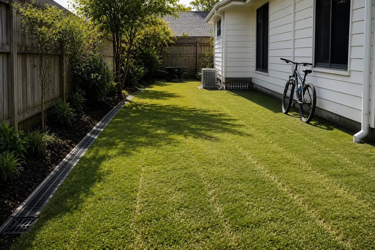 After - Reshaped yard with freshly laid new lawn. Water now flows away from the home into a drainage channel.