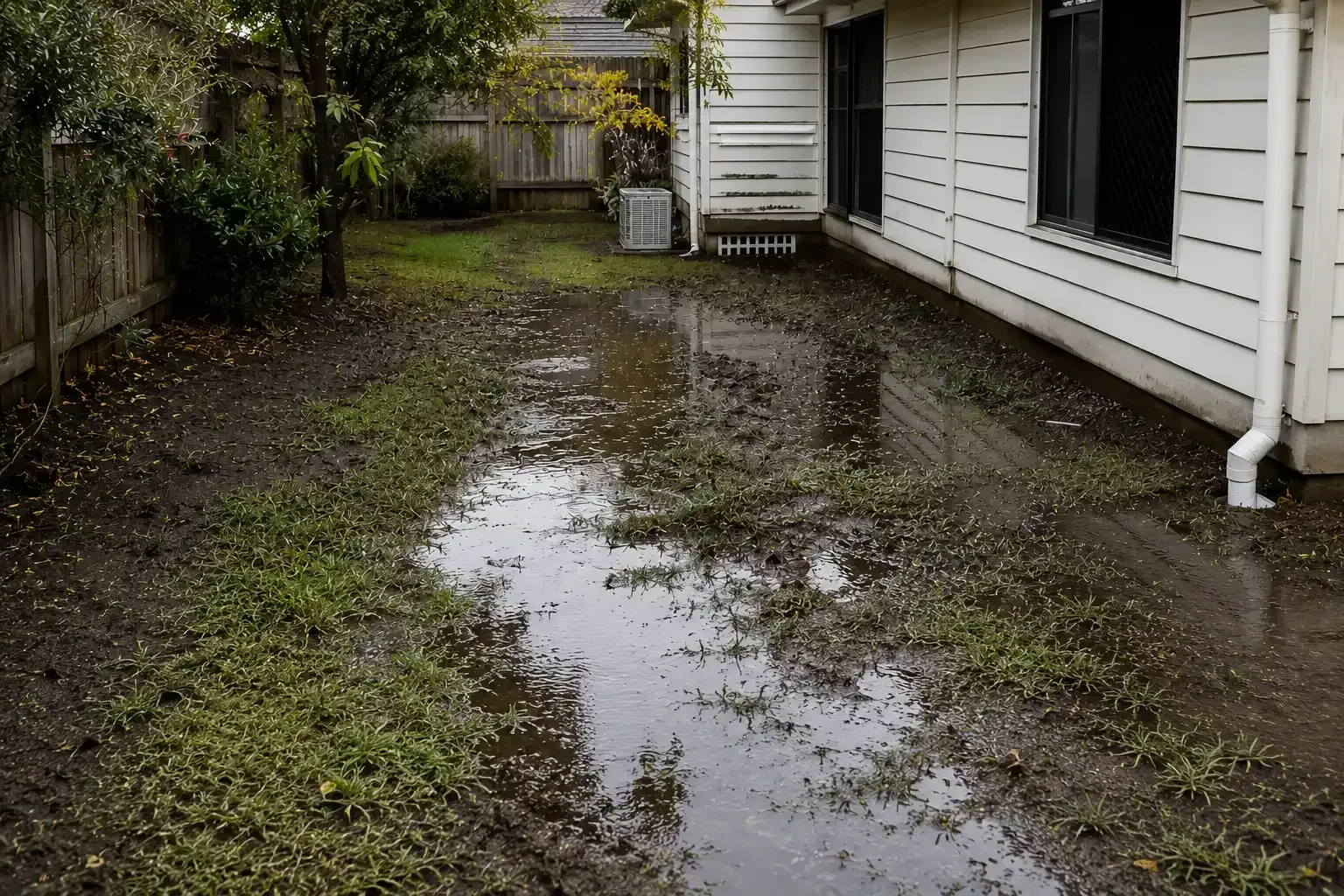 Before - Water pooling around a home in Cairns after a recent rain shower.
