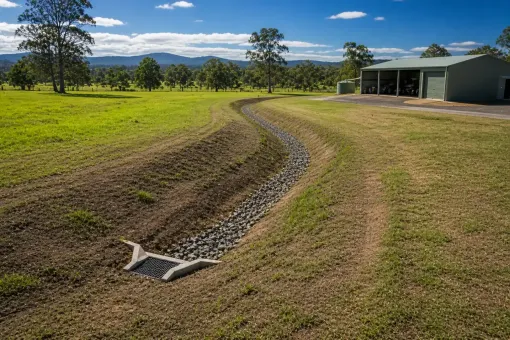 Gravel drainage channel across an open rural Cairns property.