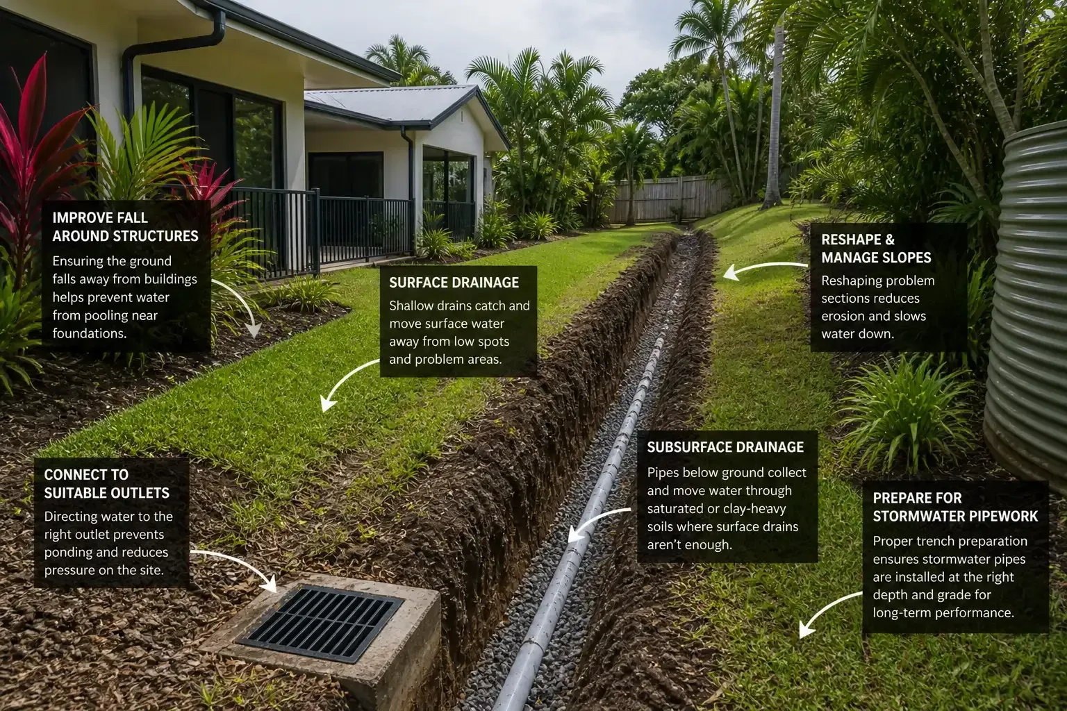 Irrigation swale beside a house with labeled plants and a drainage trench in a Cairns yard
