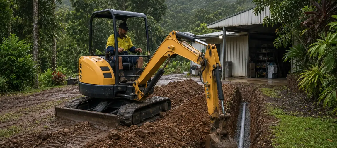 Yellow excavator digging a trench beside a shed on a rural Gordonvale property.
