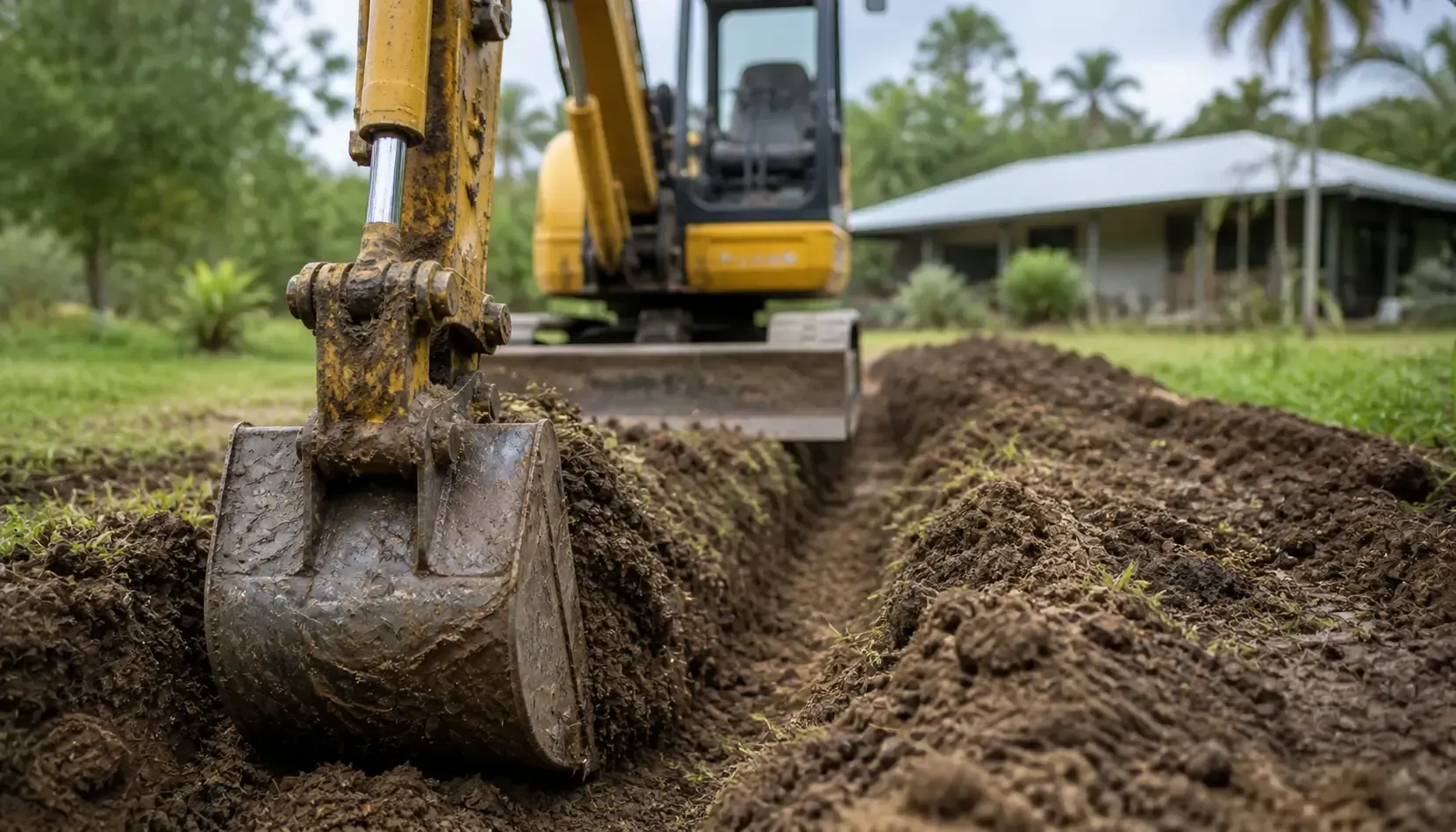 Close-up of an excavator bucket digging a trench in Cairns