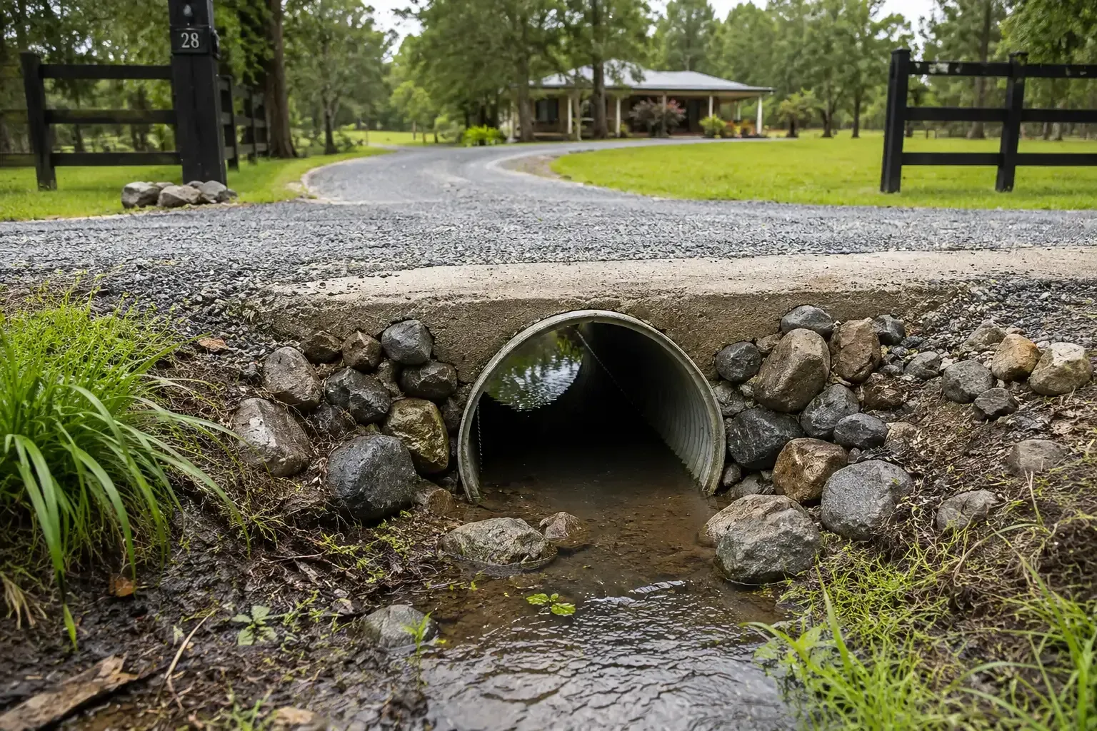 A culvert installed under a gravel driveway in rural Cairns