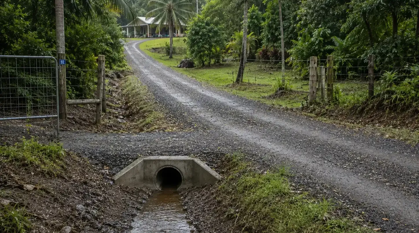 A culvert installed under a gravel driveway in rural Cairns