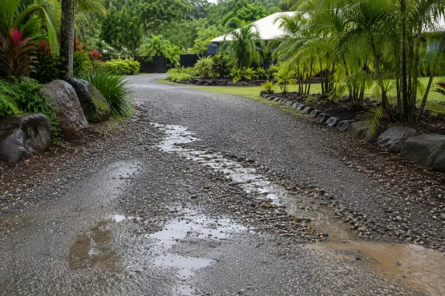 Water cutting across a gravel driveway in Kuranda